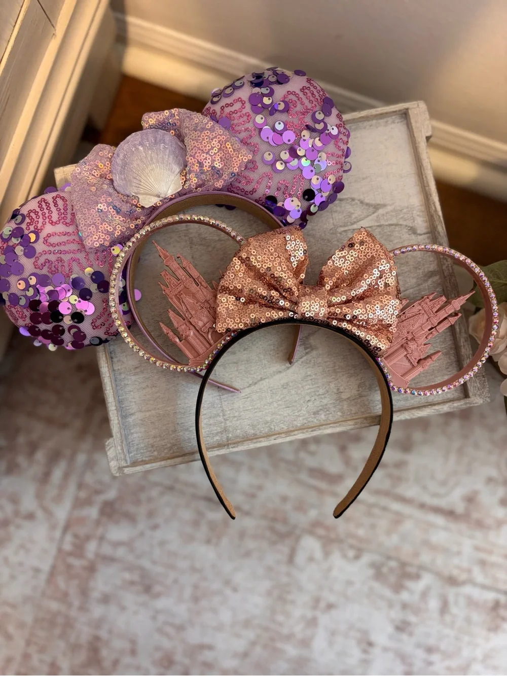 Sequin Bow Minnie Disney Headband Ears - Pink & Rose Gold